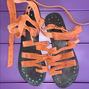 Free people orange suede flat strappy sandals